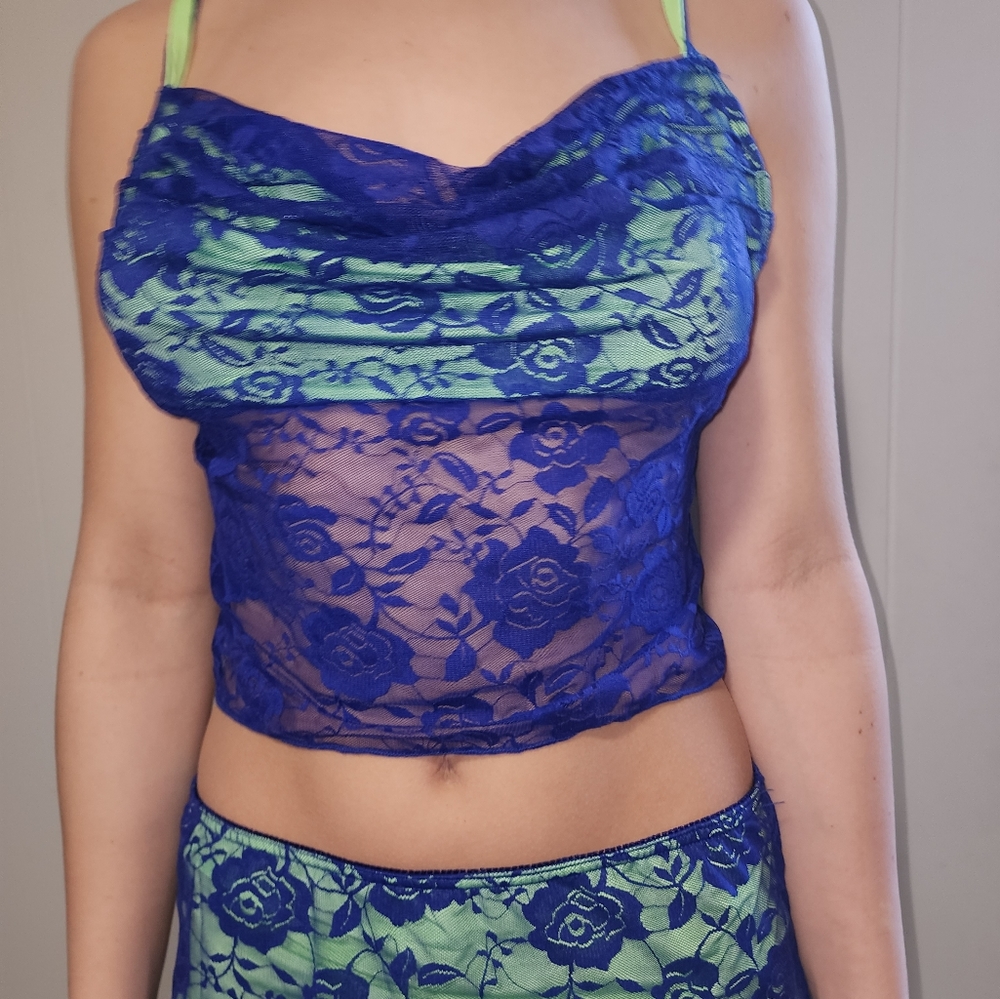 NWT Dolls Kill Gorgeous Purple, Green , Midi Crop Top Skirt Set 💜 - Picture 2 of 12